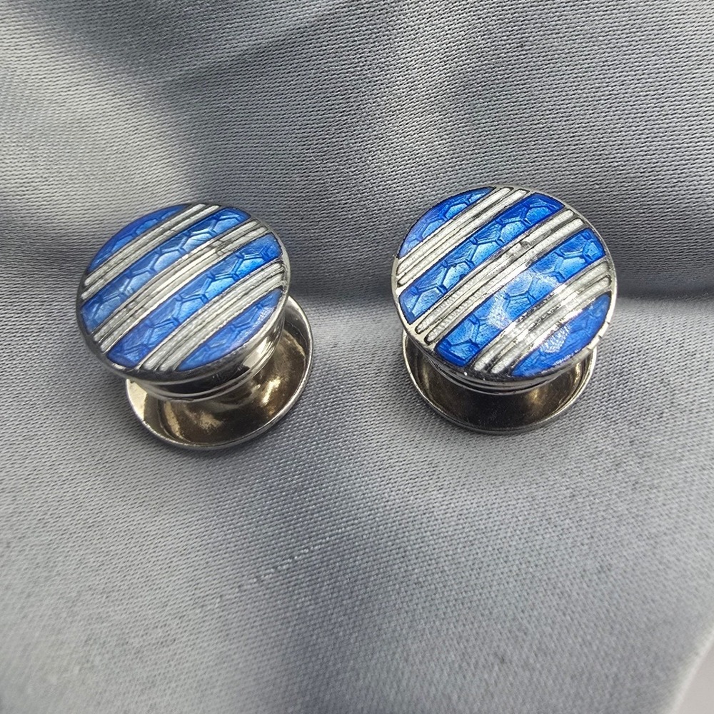 Estate Shirt Studs Cufflinks Blue Enamel Striped Silver Tone Round Set 0.5in